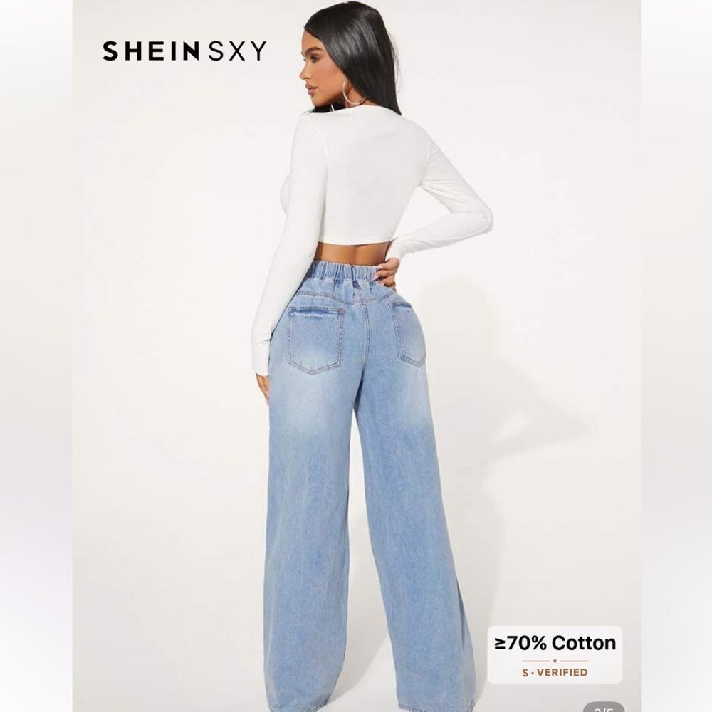 Drawstring Waist Ripped Wide Leg Jeans Large 8/10 - Picture 2 of 7